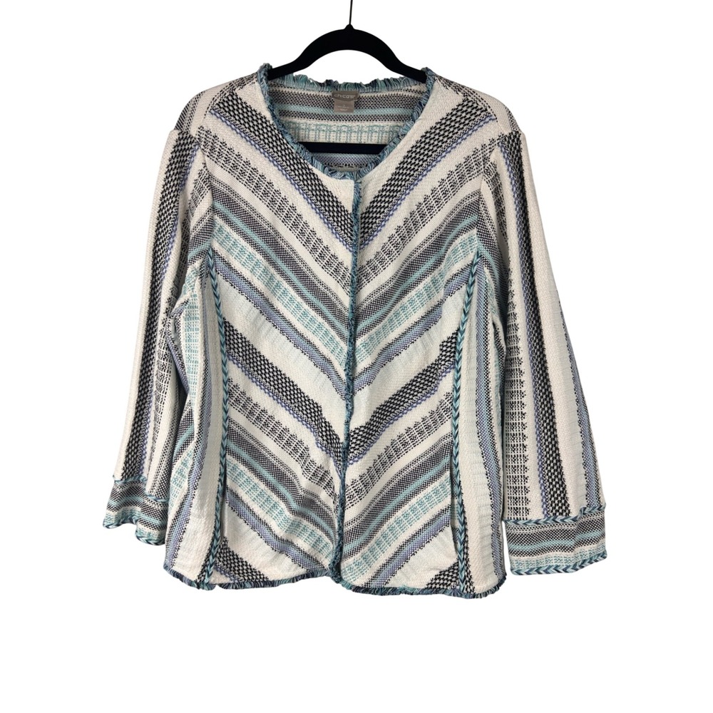 Chico's Blue Striped Cotton Tweed Jacket Cardigan Fringe Trim Size XL